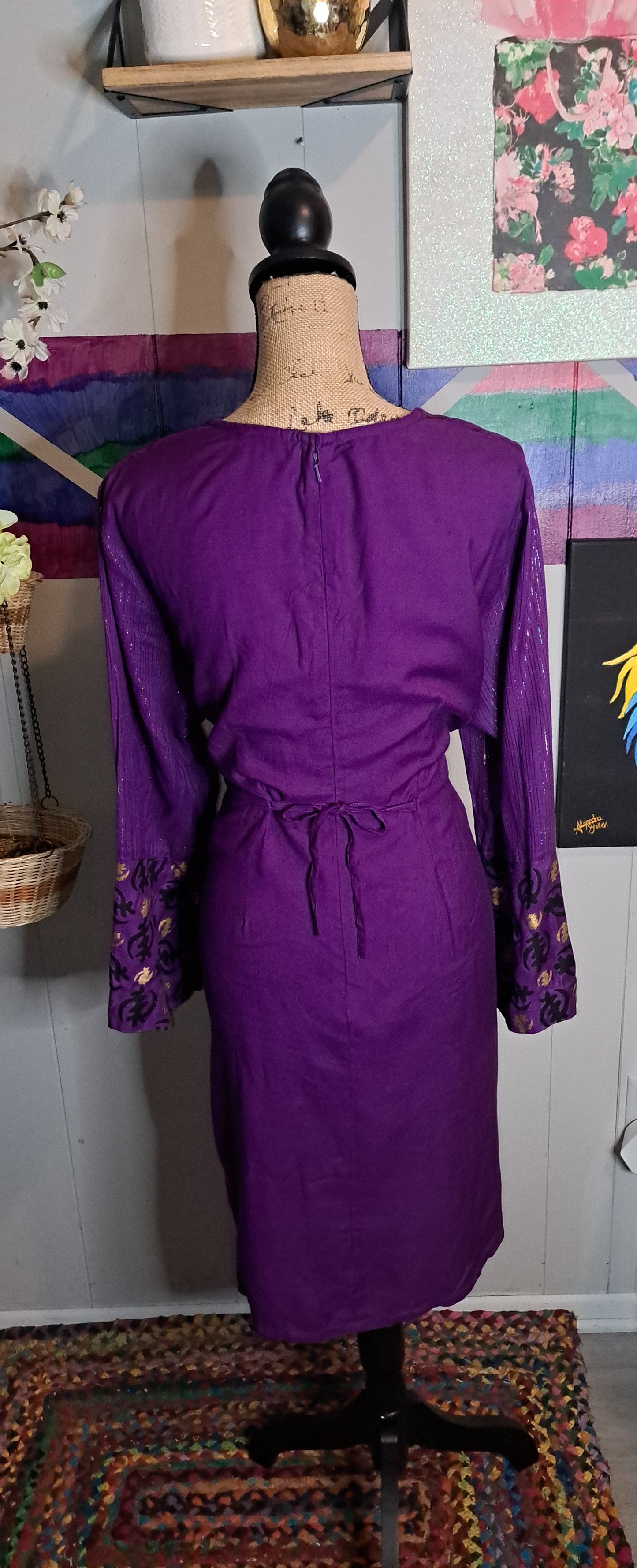 ASHRO Purple/Blk/Gold Metallic Patchwork Print Bells Sleeve Tunic Top with Back Drawstring and Zipper SZ Large (Ptp 23in Waist 20in)