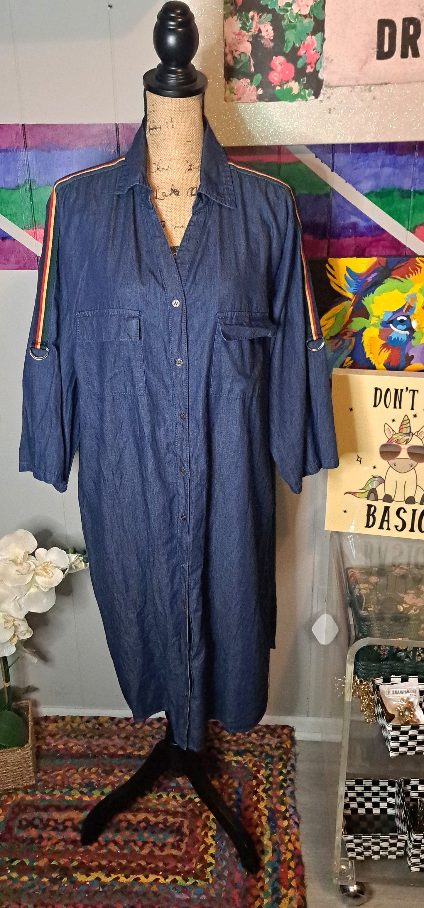 Dark Denim with Multicolored Shoulder PinstripesShirt Dress/Duster SZ 3X (ptp 27in)