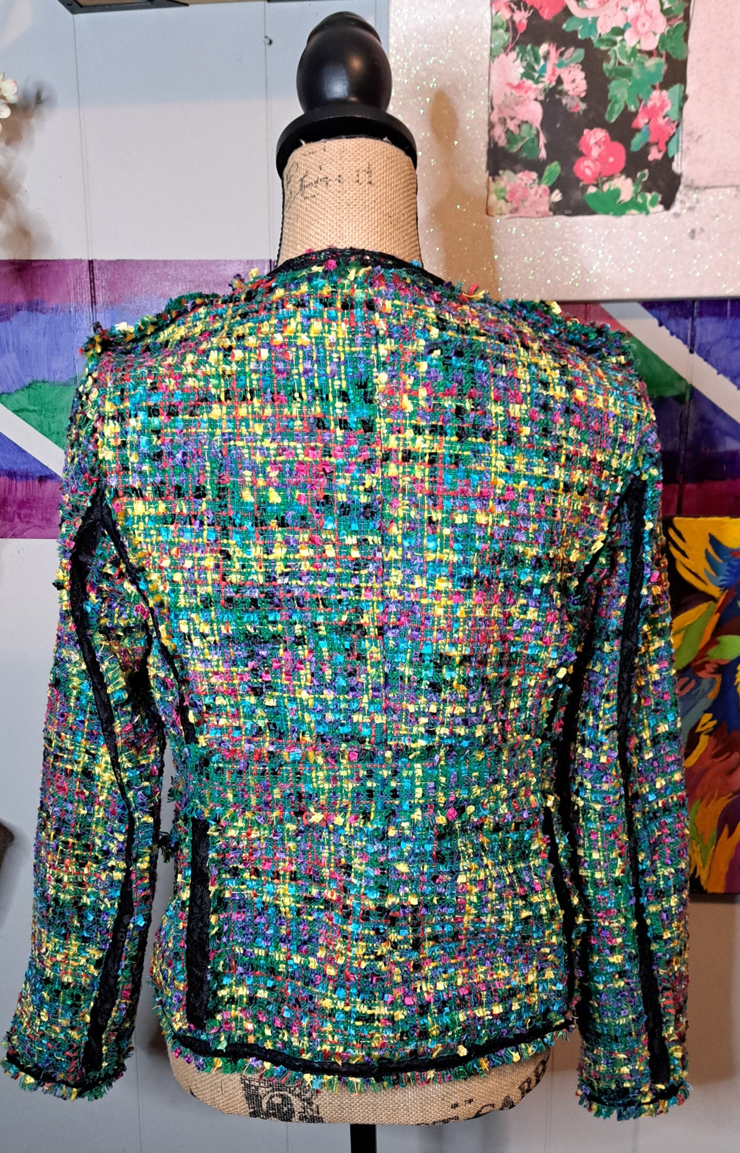 Berek Multicolored Tweed Blazer Jacket with Chunky Blk Rhinestone Buttons and Lace Embroidery SZ Small 6/8 (Ptp 20.5in)