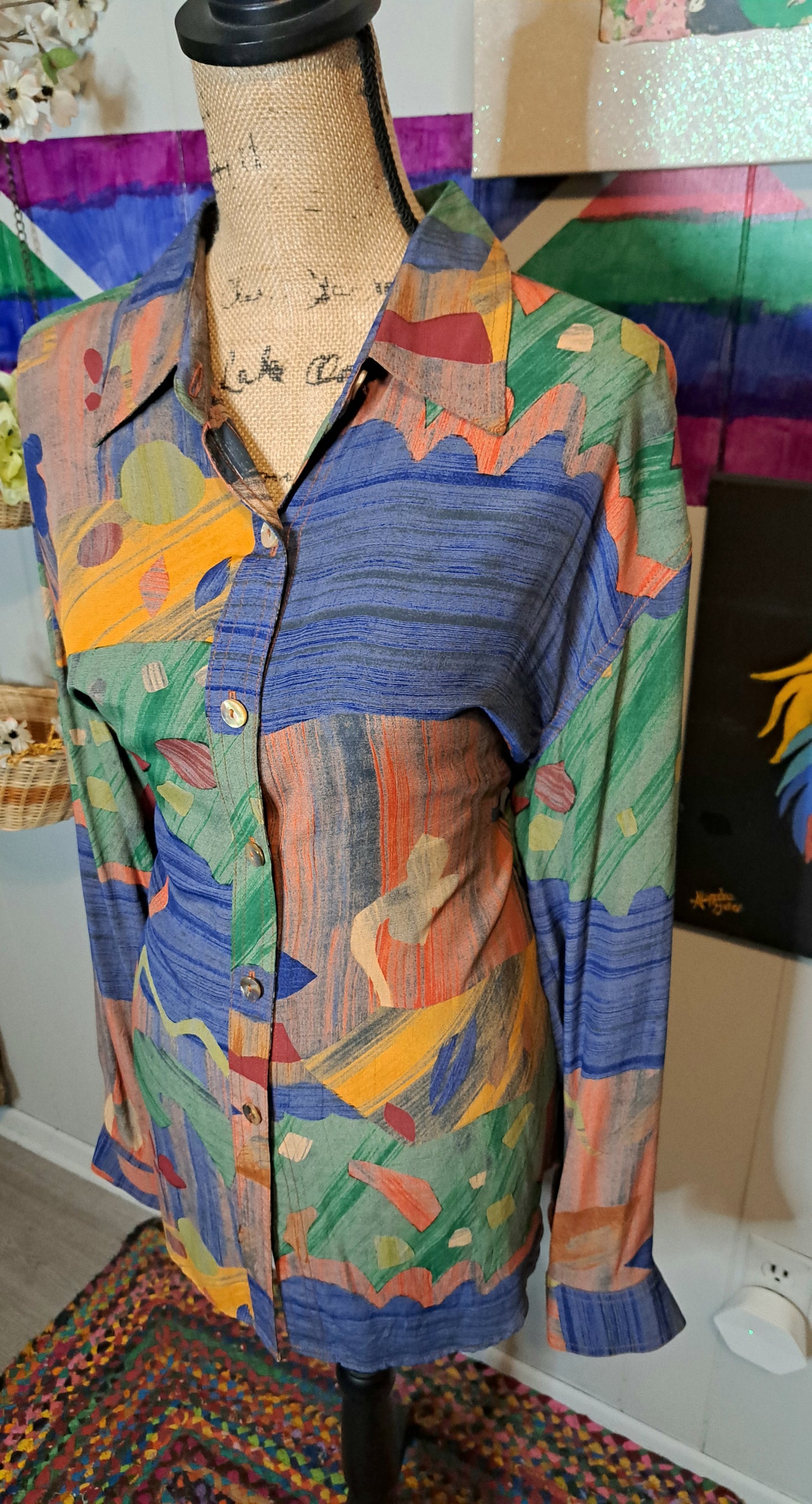 Vtg Karen Kane Multicolored Abstract Print Pastel Button Down Top SZ 14 (Ptp 25in)