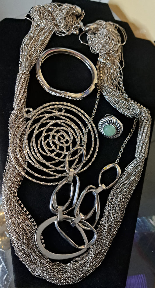 BUNDLE DEAL (5pcs) 1 Chunky Silvertone Rhinestone Adjustable Necklace, 1 Silvertone Adjustable Geo Necklace, 1 Silvertone Mint Green Gemstone Adjustable Ring, 1 Pair Large Silvertone Hoop Earrings, 1 Silvertone Rhinestone Studded Cuff Brclt *Side Opening*