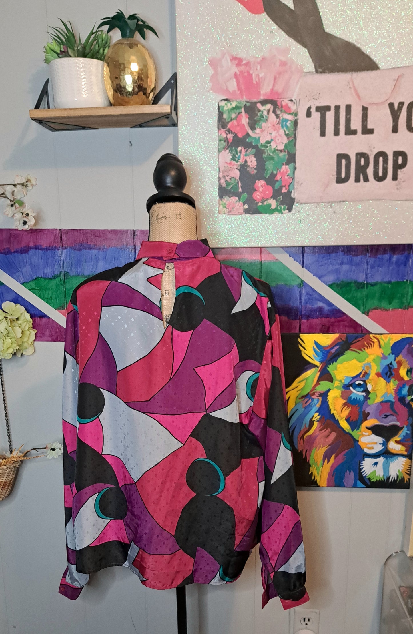 Vtg Ship N Shore Double Collar Multicolored Abstract Print Top SZ 16 (Ptp 24in)