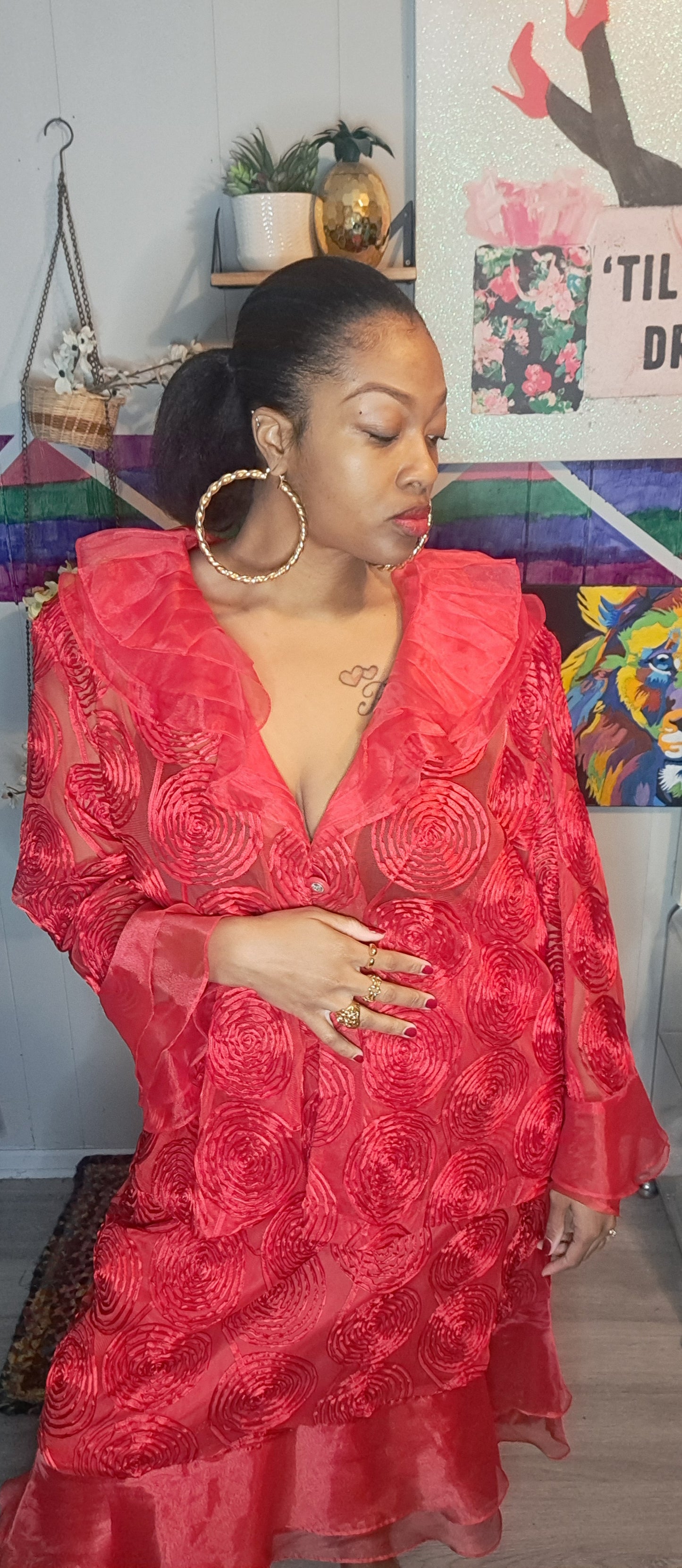 Vtg Red Semisheer Embroidered Duster & Skirt Set SZ 4X (BEST Fits 2X/3X) Ptp 28in Waist 19-28in