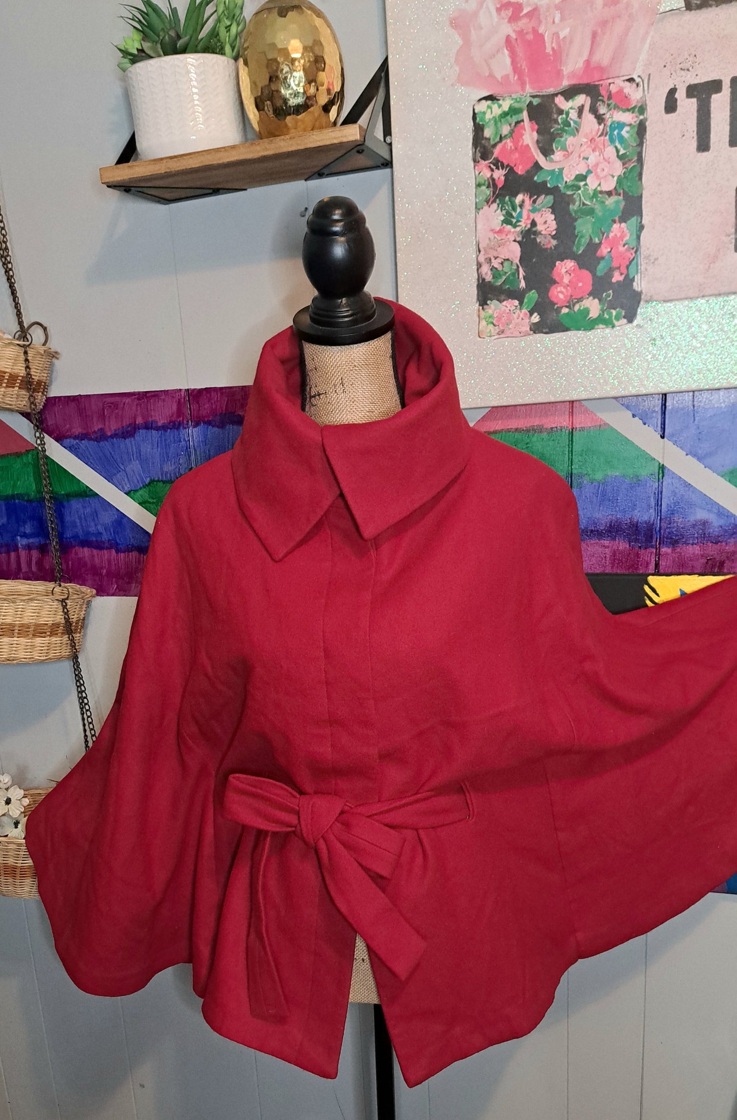 Premium Brand Camí NYC Cherry Red Wool Button Down Cape Coat with Built In Belt SZ Medium