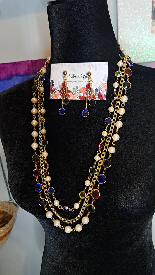 Vtg Unsigned Deadstock New in Box Gold Tone Multicolored Faux Pearl & Glass Beaded Necklace with Matching Post Back Earrings