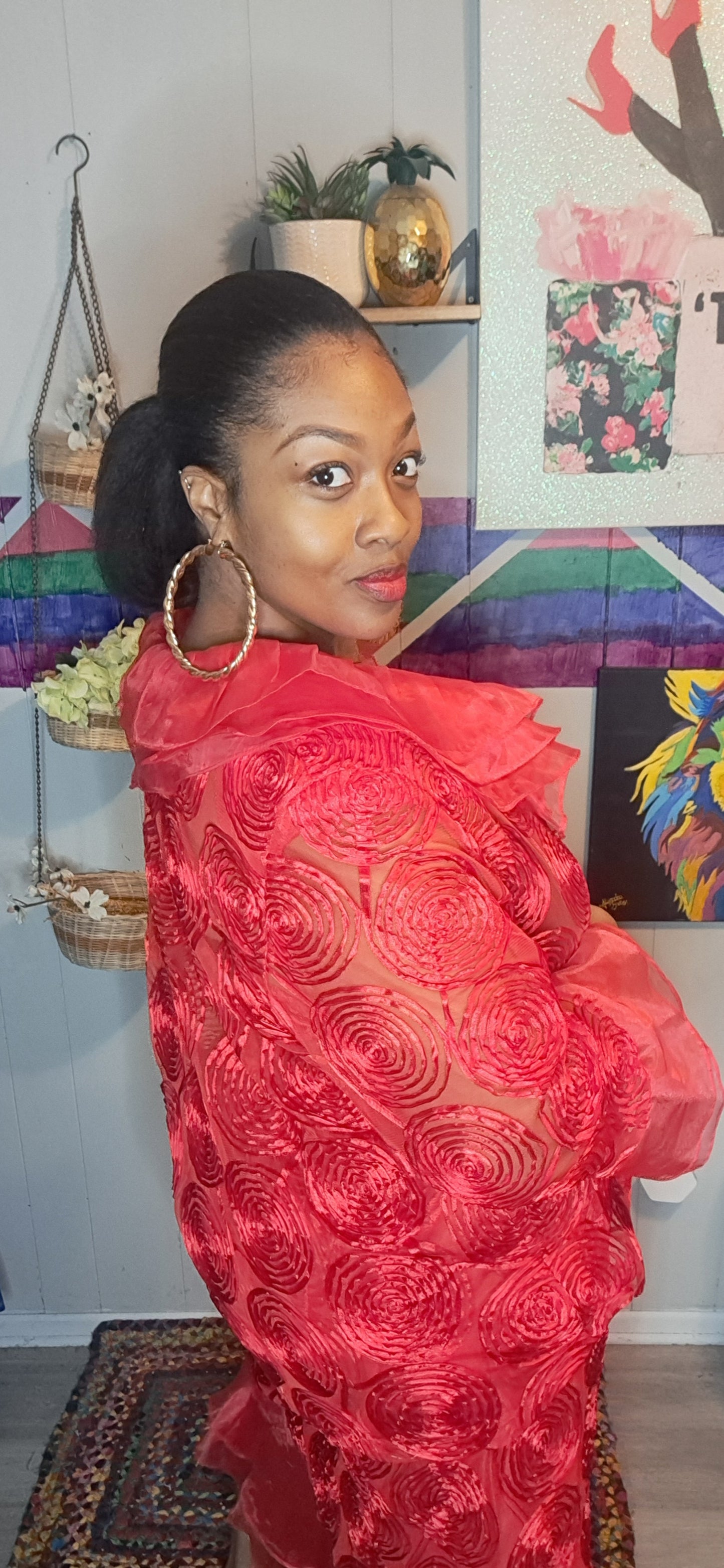 Vtg Red Semisheer Embroidered Duster & Skirt Set SZ 4X (BEST Fits 2X/3X) Ptp 28in Waist 19-28in