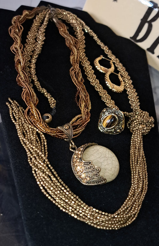 BUNDLE DEAL (4pcs) 1 Vtg Long Adjustable Braided Tassel Necklace, 1 Adjustable Beaded Amber Gemstone & Rhinestone Pendant Necklace with Pendant, 1 Tigers Eye Adjustable Gemstone Ring, 1 Pair Small Goldtone Hoop Earrings