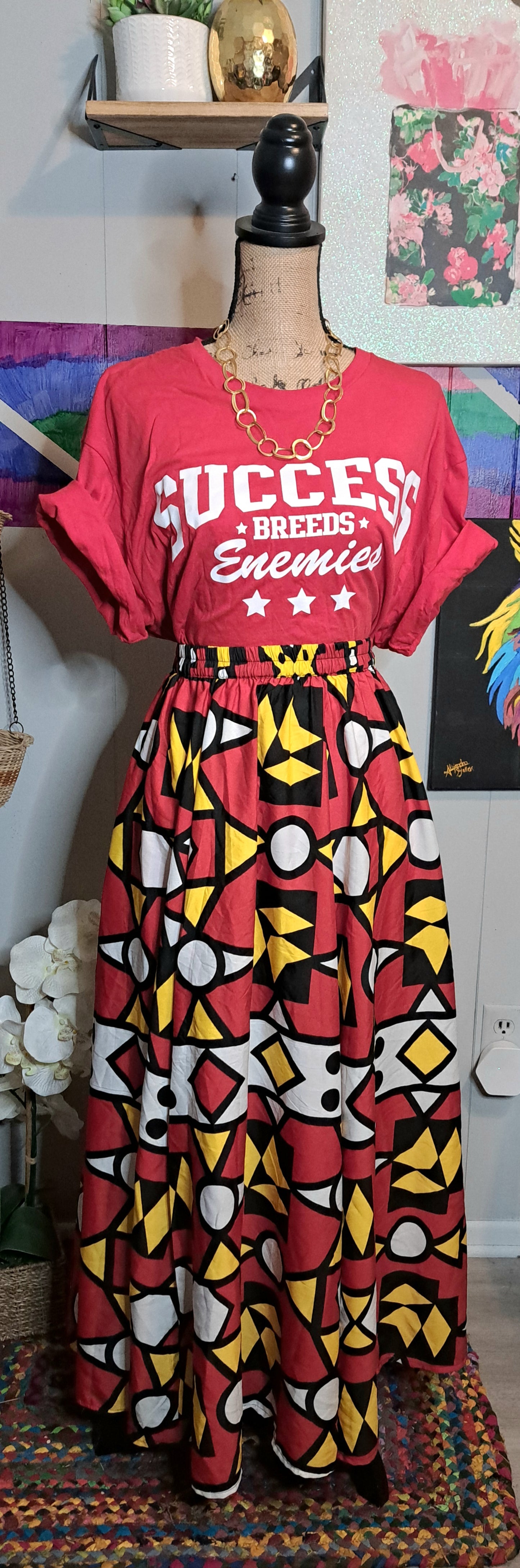 BUNDLE DEAL🚨 NWT African Print Elastic Waist Maxi Skirt with Pockets SZ Plus (Fits 1X-3X) & "Success Breeds Enemies" Graphic Tee SZ XL with Stretch
