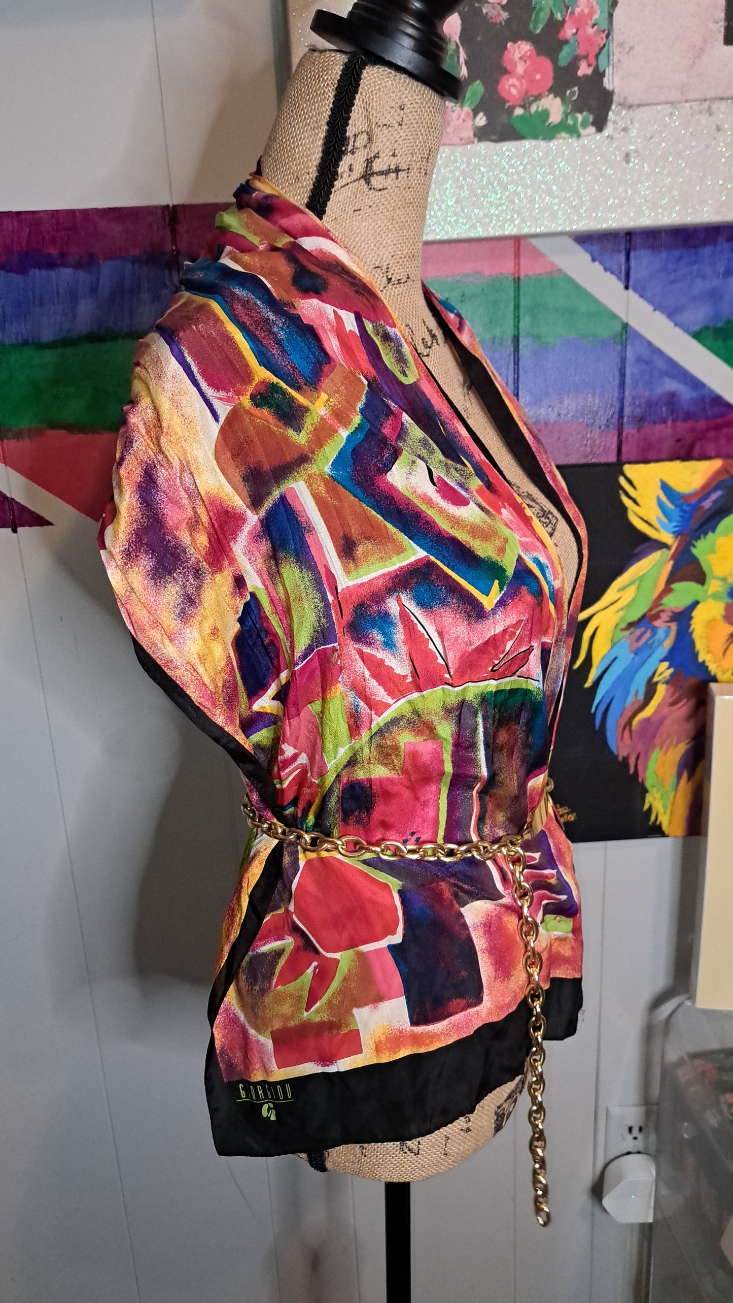 Vtg Georgiou Silk Multicolored Abstract Print Scarf 16x58in