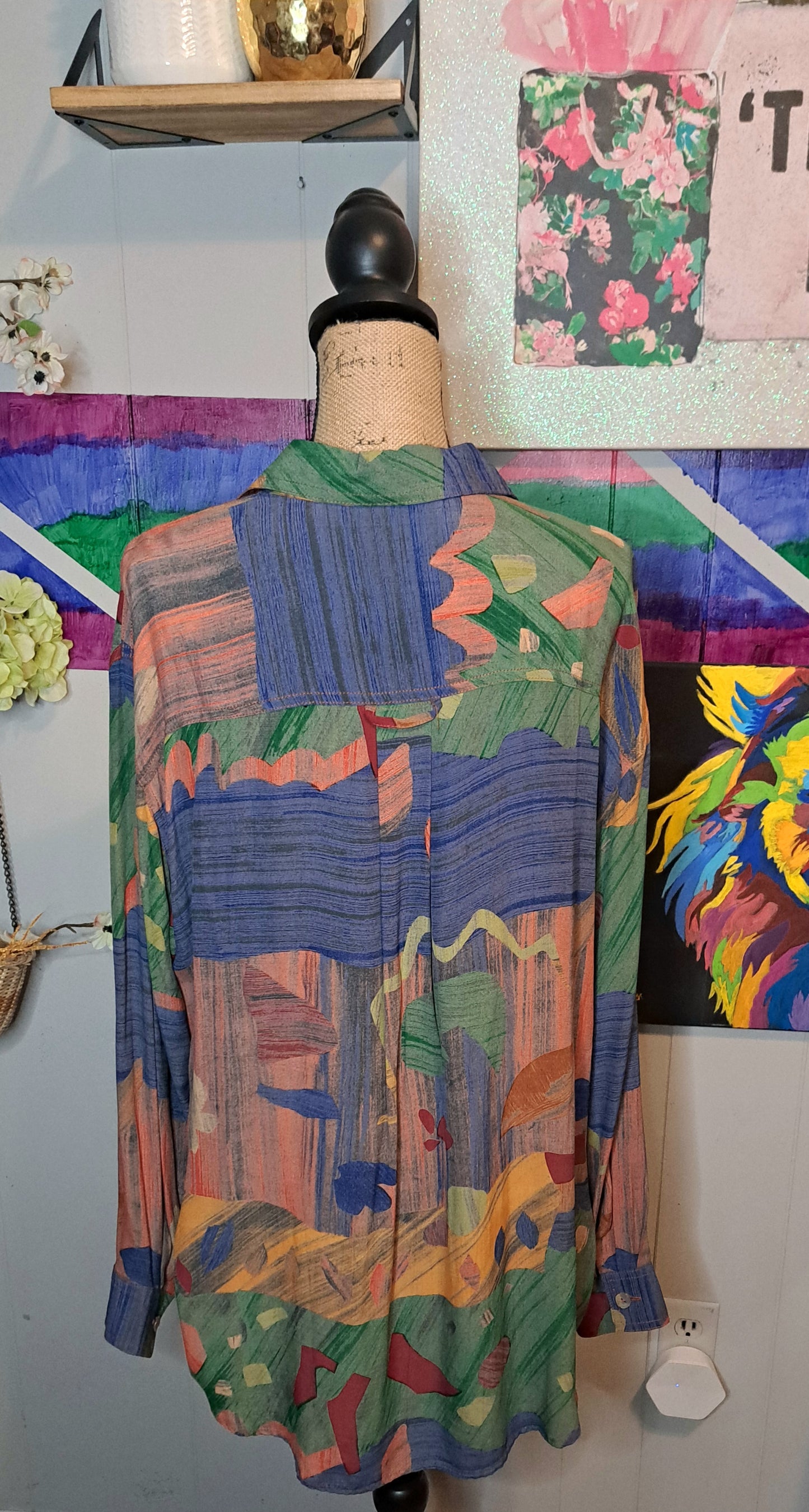 Vtg Karen Kane Multicolored Abstract Print Pastel Button Down Top SZ 14 (Ptp 25in)