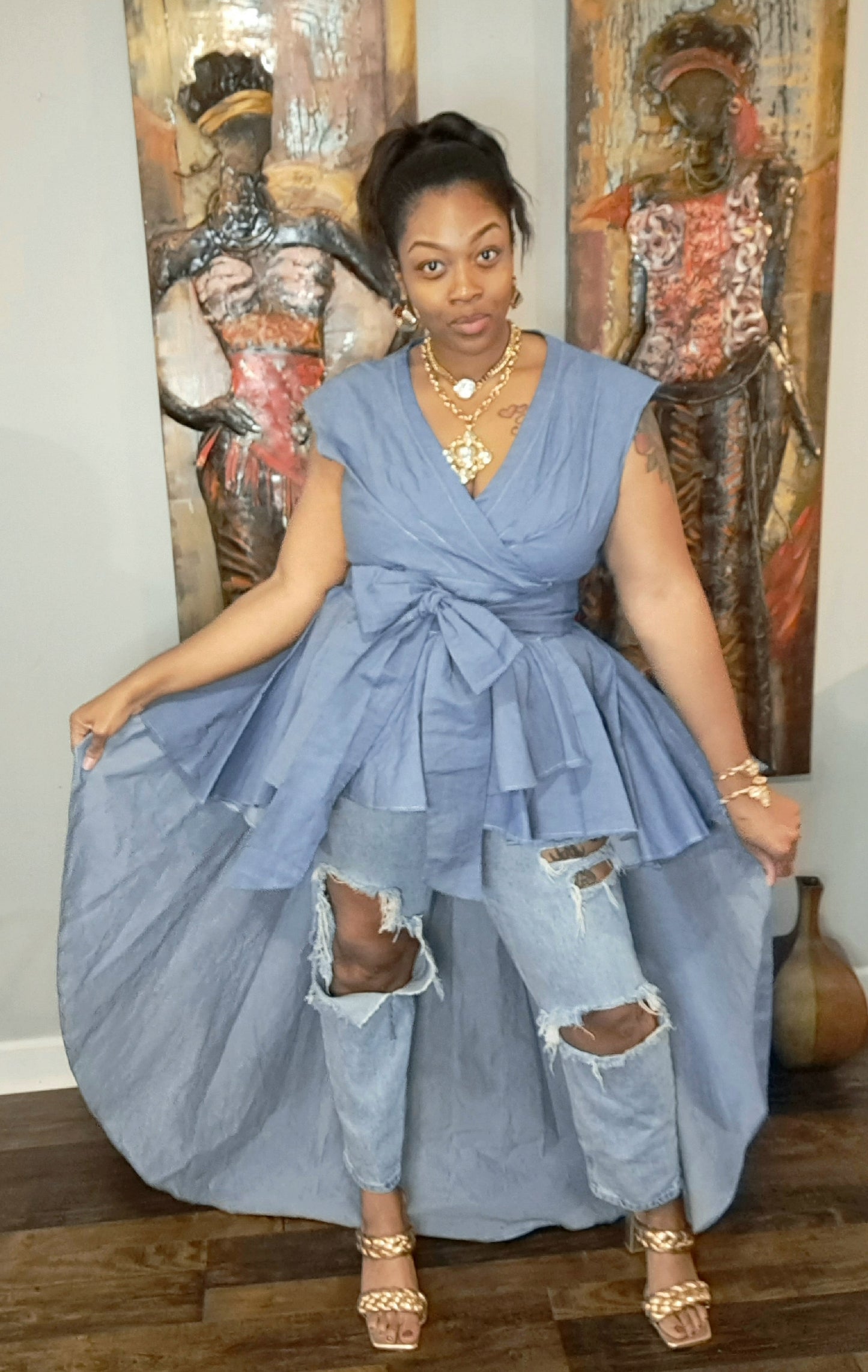 Hand Made Denim Hi Low Authentic Wrap Top SZ L-1X