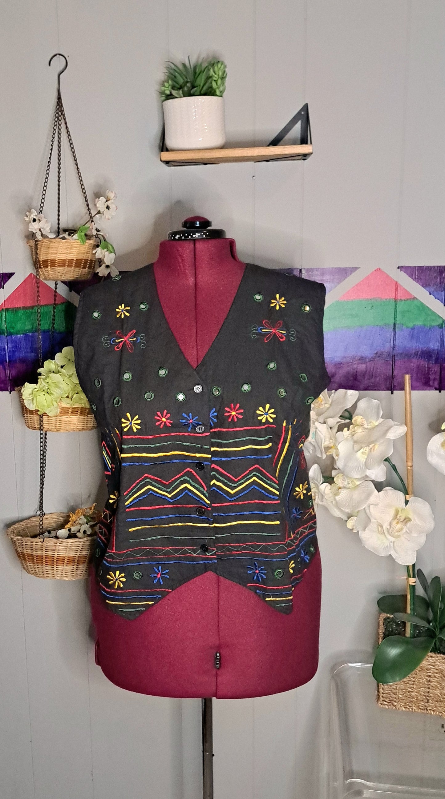 Vtg Deadstock Multicolored Embroidered Vest SZ 3X