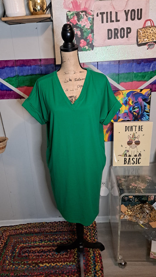 Nwot Zenana Green Cuff Sleeve Tshirt Dress with Pockets SZ Medium (With Great Stretch)