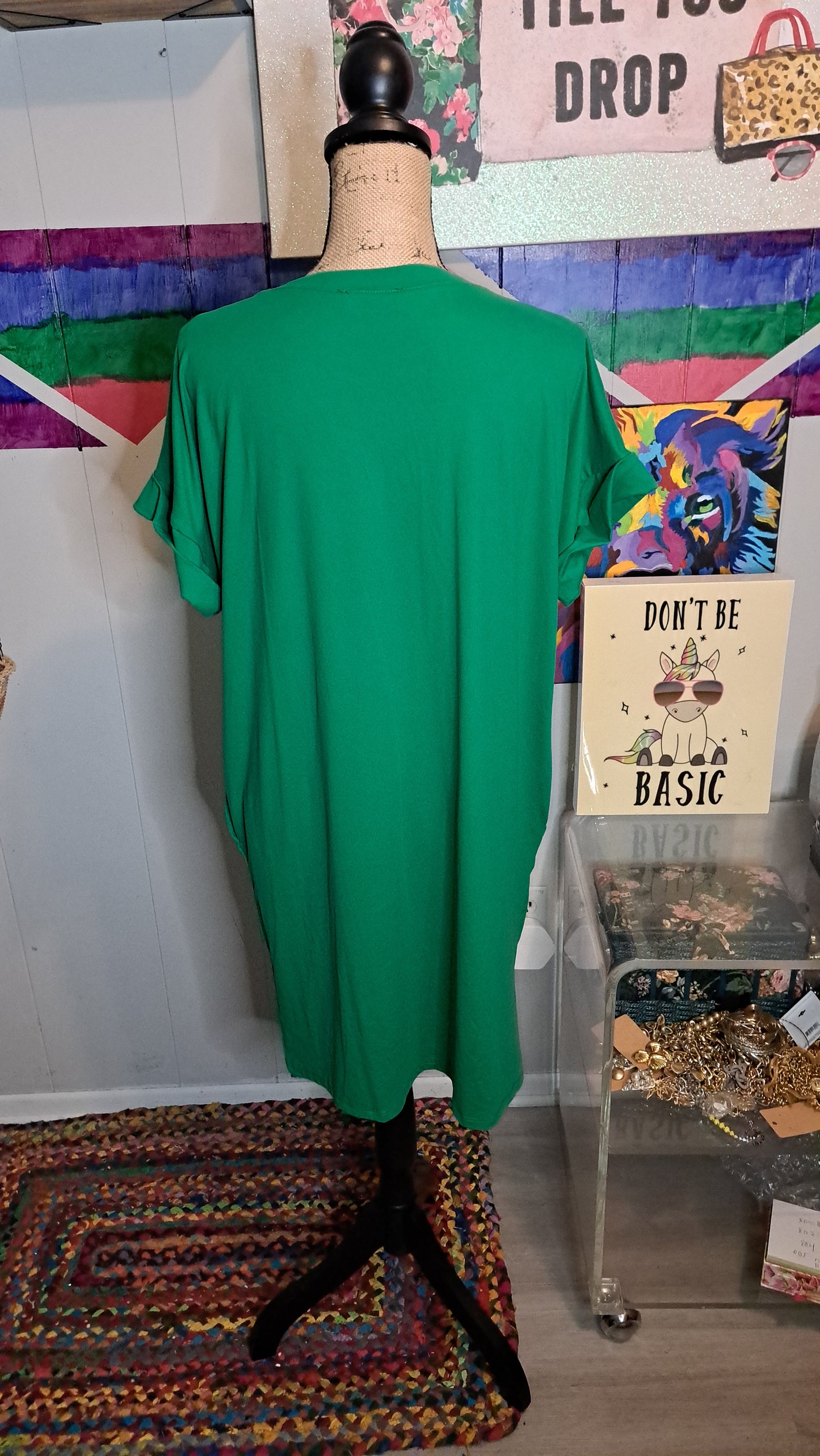 Nwot Zenana Green Cuff Sleeve Tshirt Dress with Pockets SZ Medium (With Great Stretch)