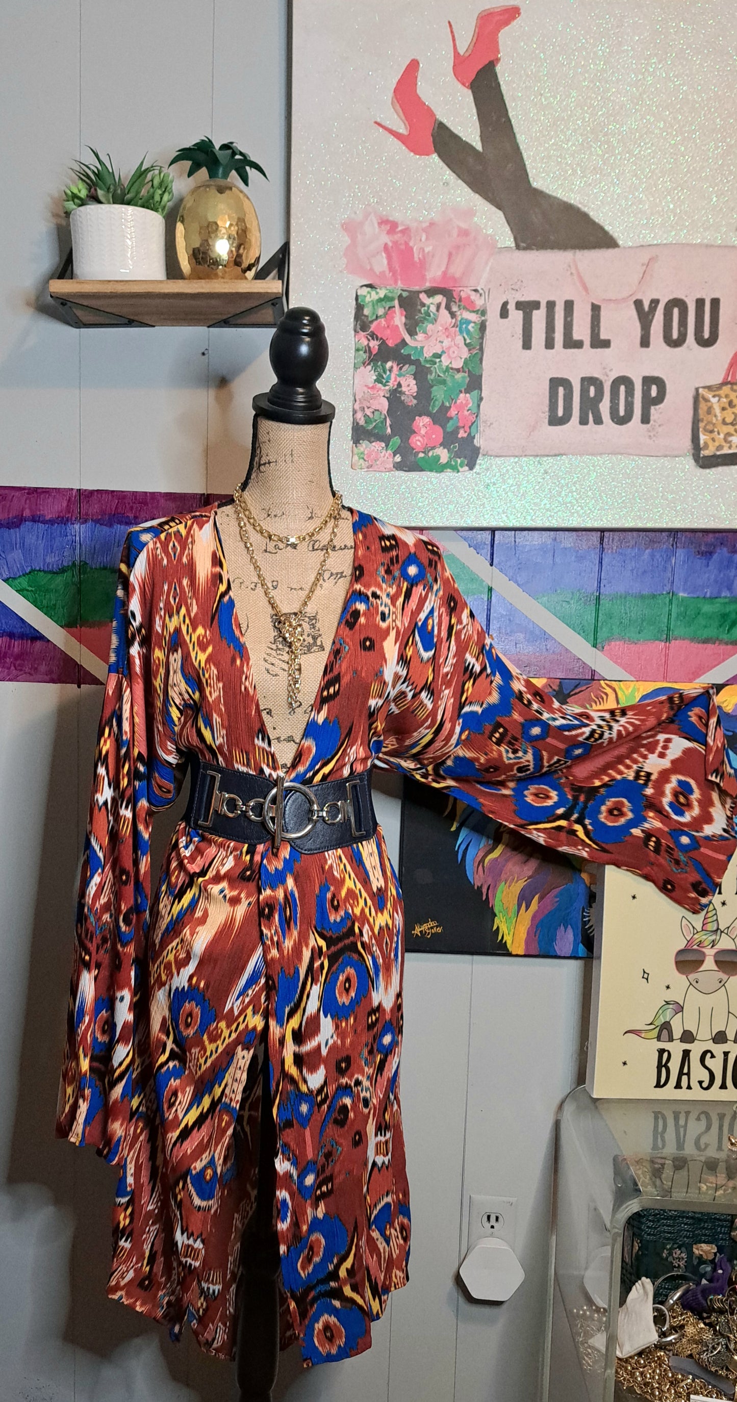 Org/Blue Tribal Print Multicolored Duster SZ Large (Fits up to 1X) ***Belt Not included***