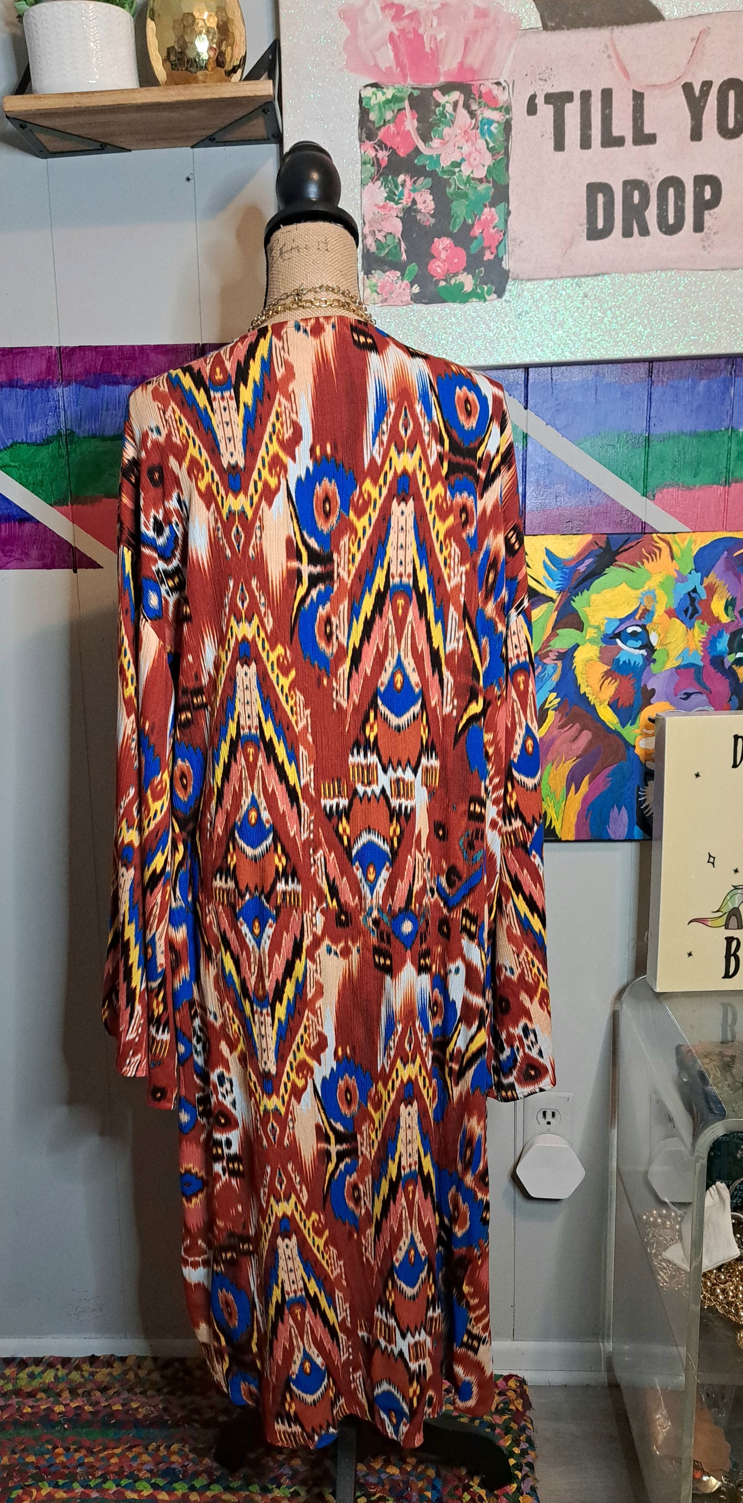 Org/Blue Tribal Print Multicolored Duster SZ Large (Fits up to 1X) ***Belt Not included***