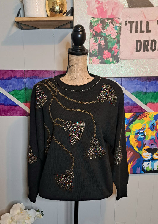 Vtg Multicolored Tassel Beaded Sweater SZ Medium Ptp 23in