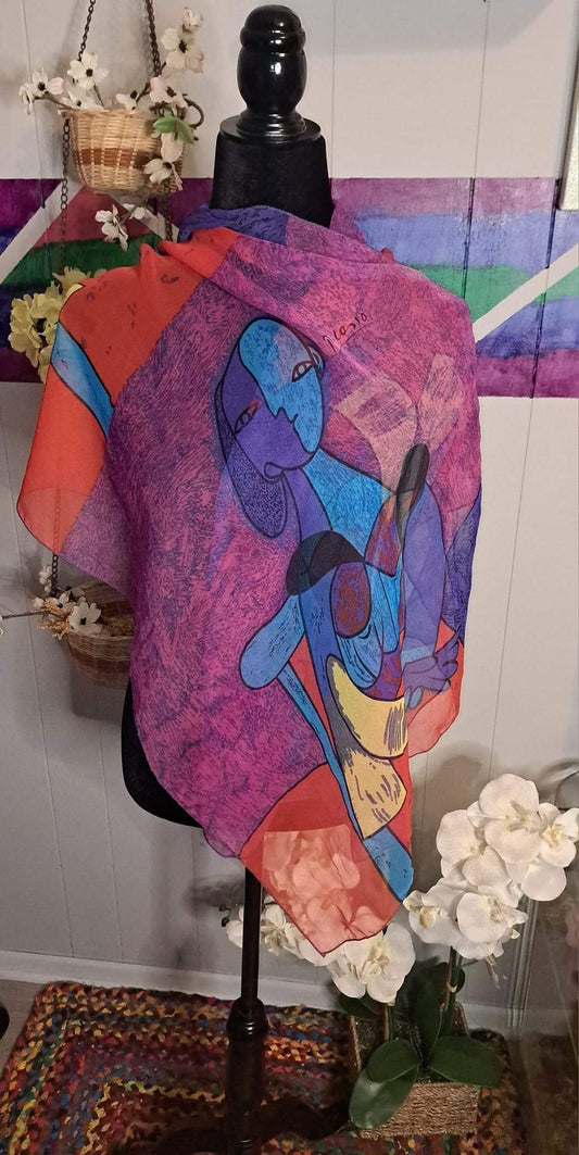 Semisheer Multicolored Picasso Printed Scarf 20X65in