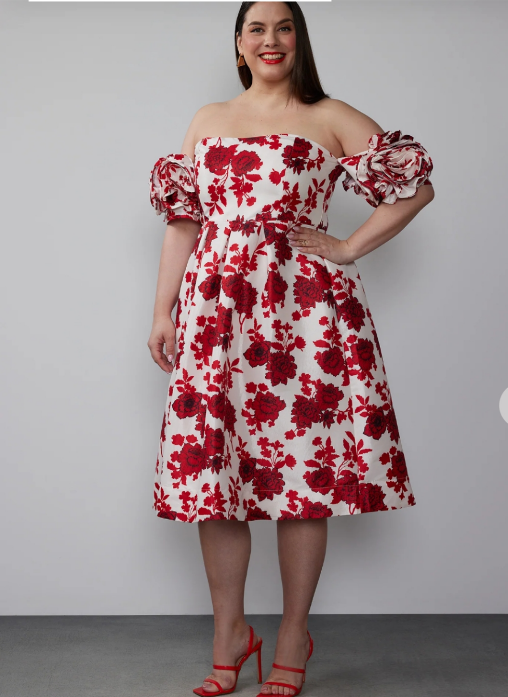 Nwt NY & Company Red/Wht Floral Print Dress with Rose Pattern Sleeves, Removable Straps and Side Pockets SZ XL