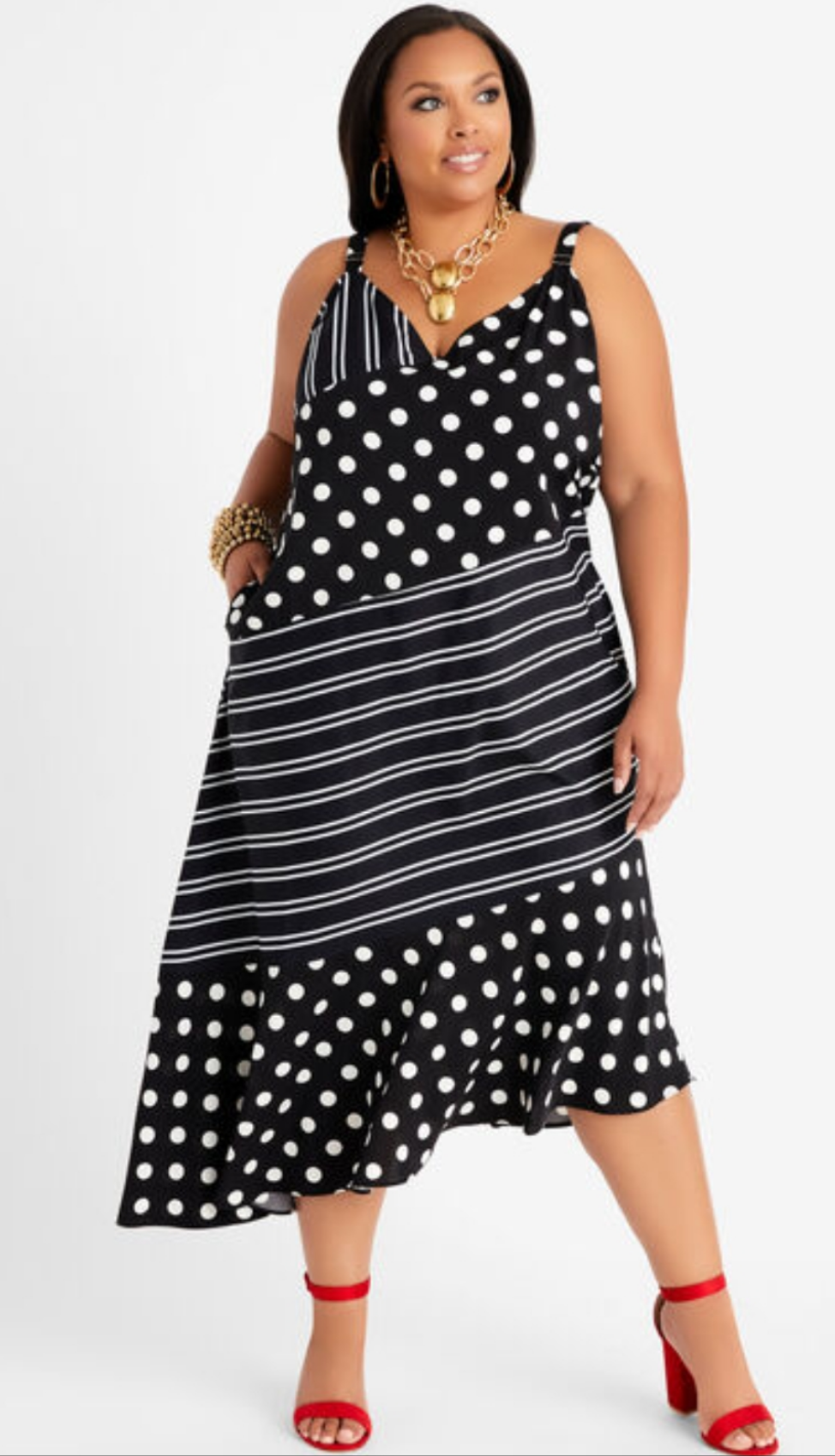 Nwt Ashley Stewart Blk/Wht Polka & Striped Asymmetrical Dress SZ 26/28 (Best Fits 3X)