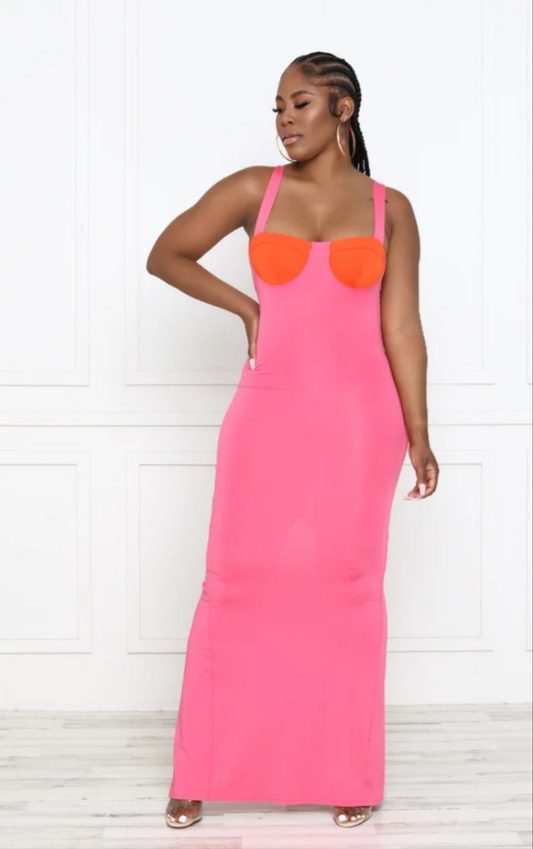 Nwot Boutique Hot Pink/Org Stretchy Bodycon Maxi Dress With Back Zipper (Multiple Sizes Available)