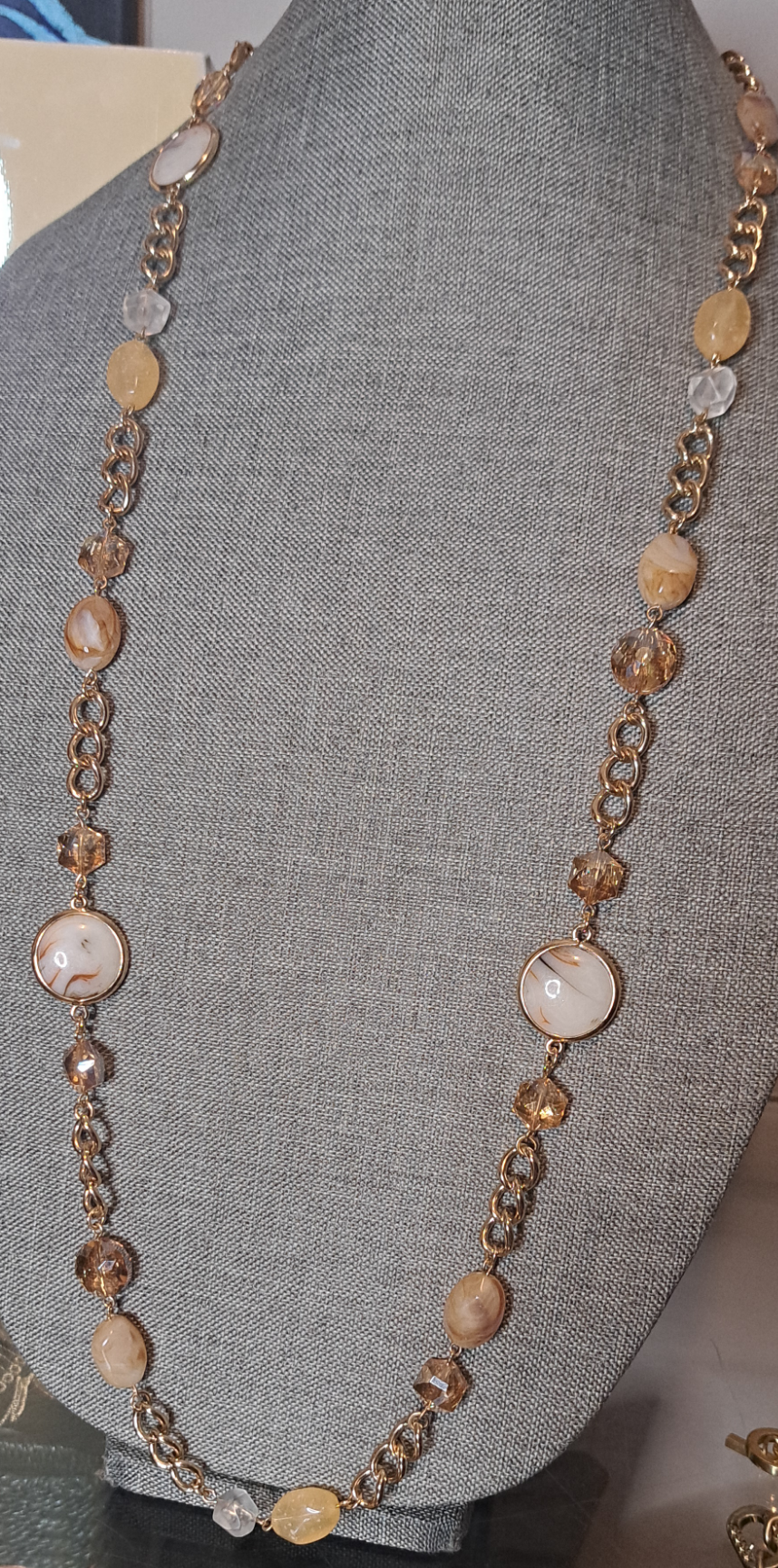 Vtg Premier Designs Marble/Amber Stone Long Necklace