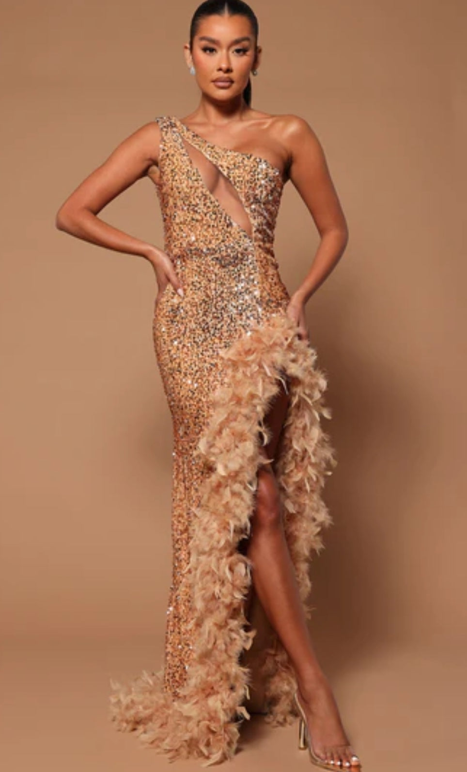 Nwot FashionNova LUXE Flesh Tone Mesh Bust Gold Sequin Feather Side Slit Gown/Dress SZ Medium (With Good Stretch)