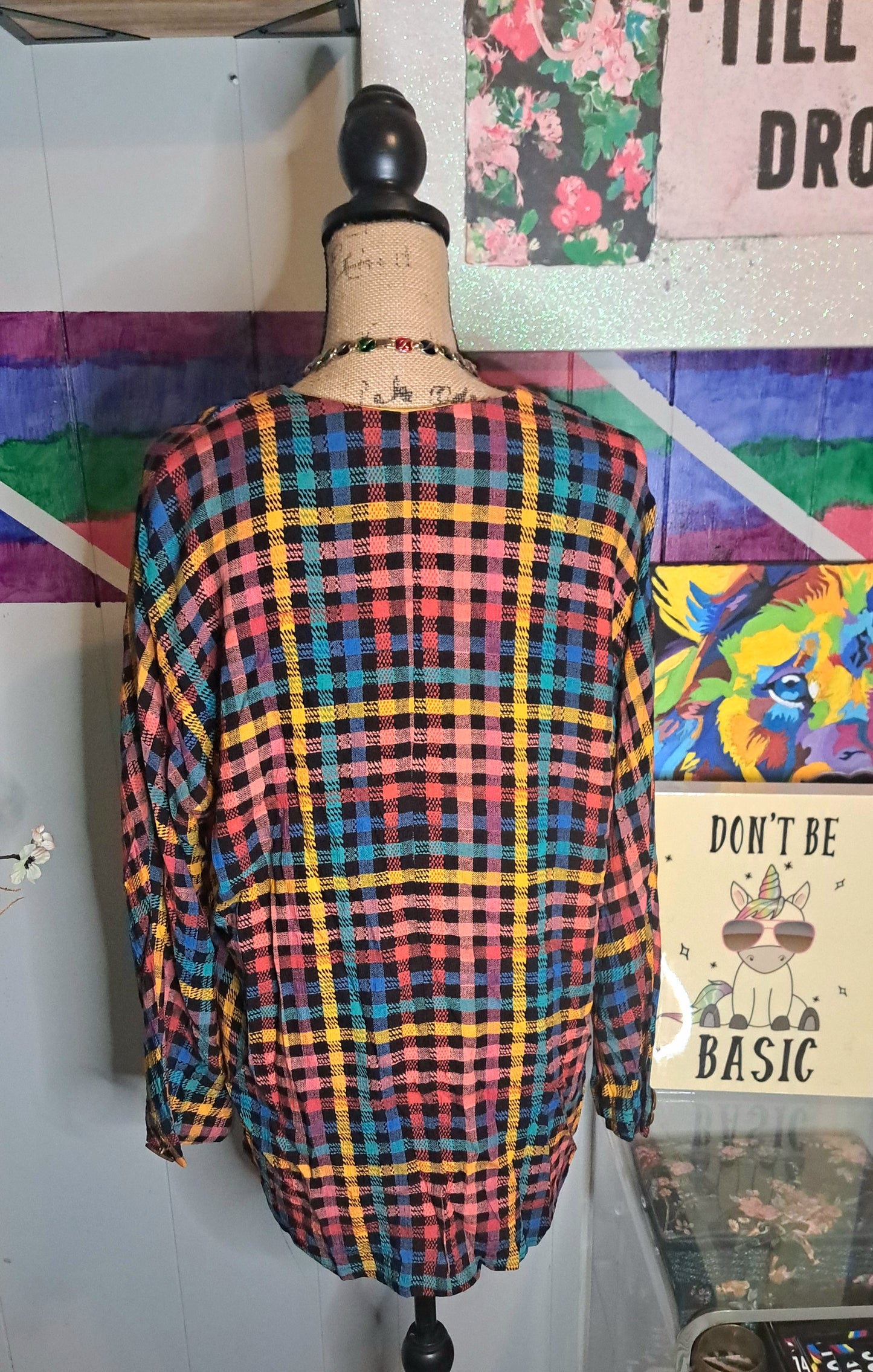 Vtg Carol Little Multicolored Gingham Printed Lighweight Blazer with Pockets SZ 10 (Fits up to a SZ 14) Ptp 24in