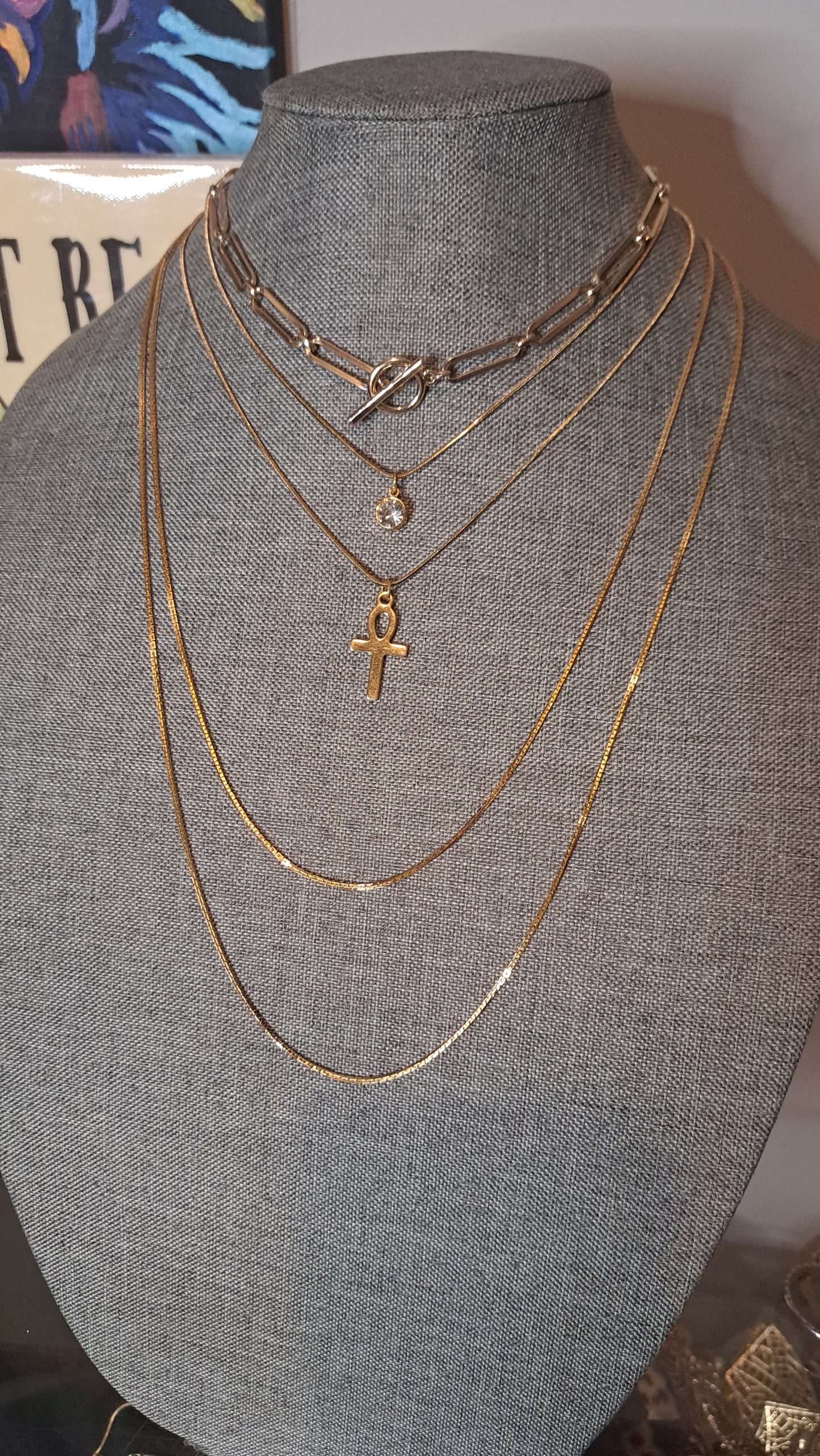 Modern Gold Tone Ankh & Long Vintage Necklace Bundle