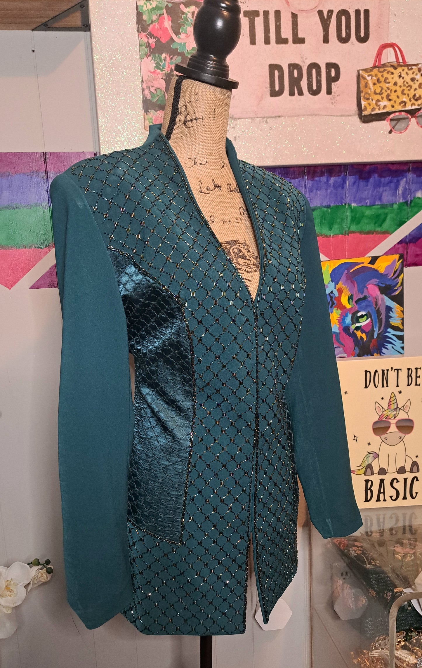 Vtg Dark Teal Beaded Blazer with Snap Button Front Closures SZ 12 Ptp 22in