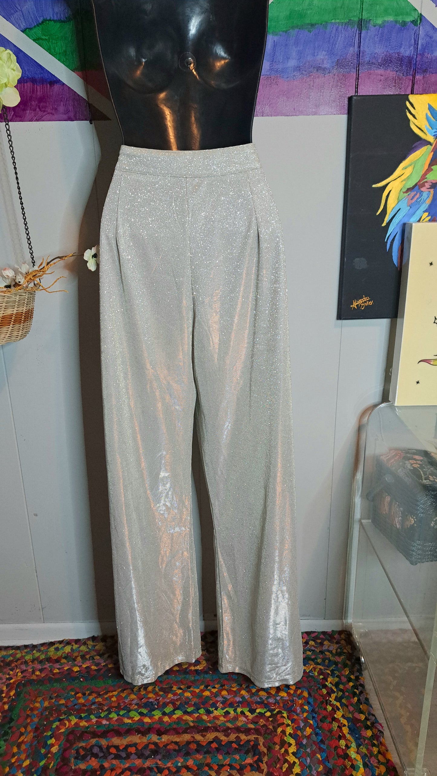 Designer LE LIS Semi Sheer Silver Shimmer Pants with Shorts Lining SZ Medium (Waist 30in) No Stretch