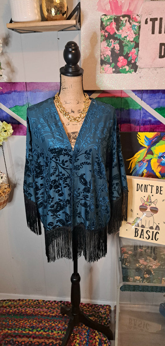 Teal Velour Paisley Print Duster Kimono with Blk Hem SZ S (Fits up to a large)