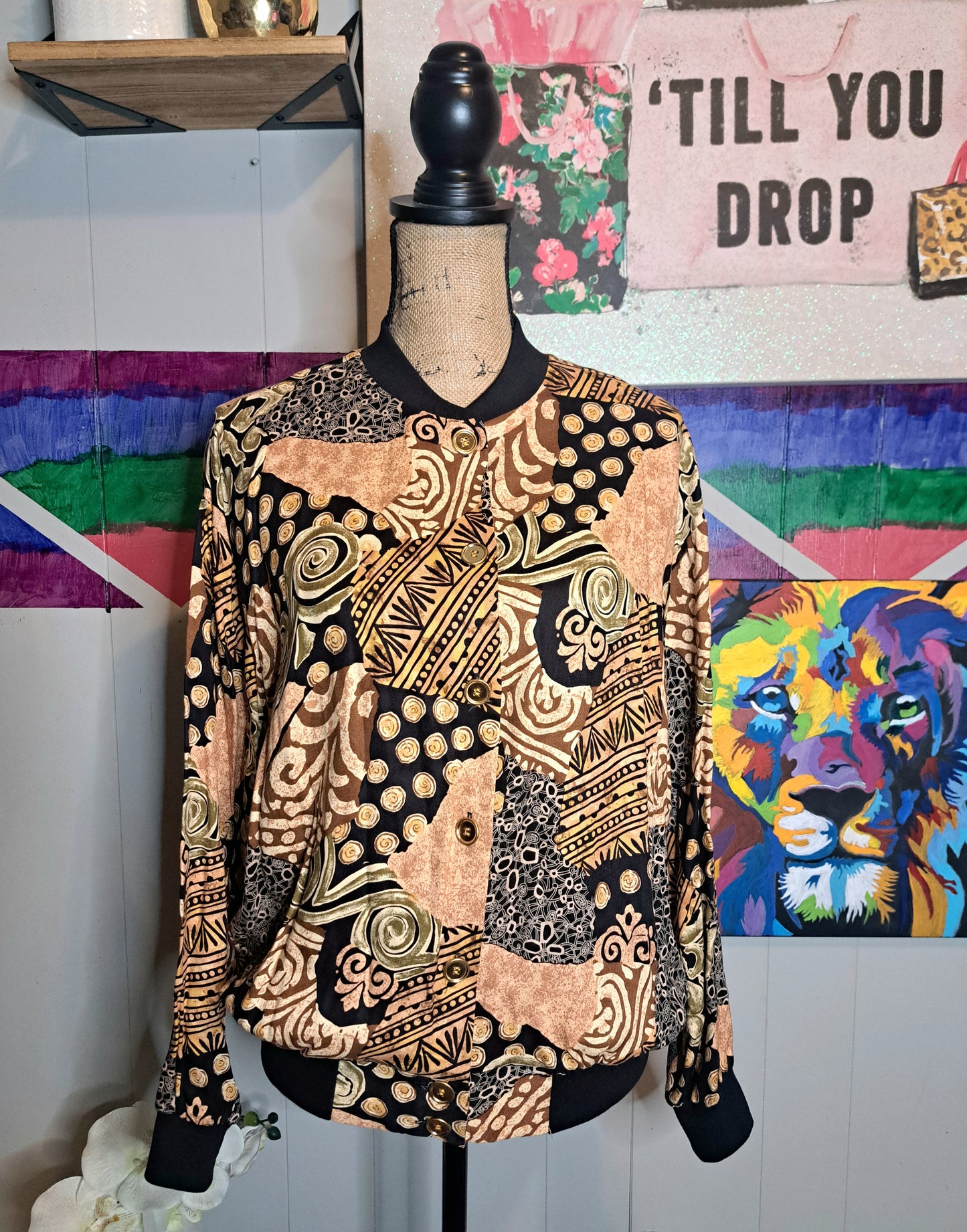 Vtg Tribal Print Lightweight Button Down Bomber Jacket/Top SZ Medium