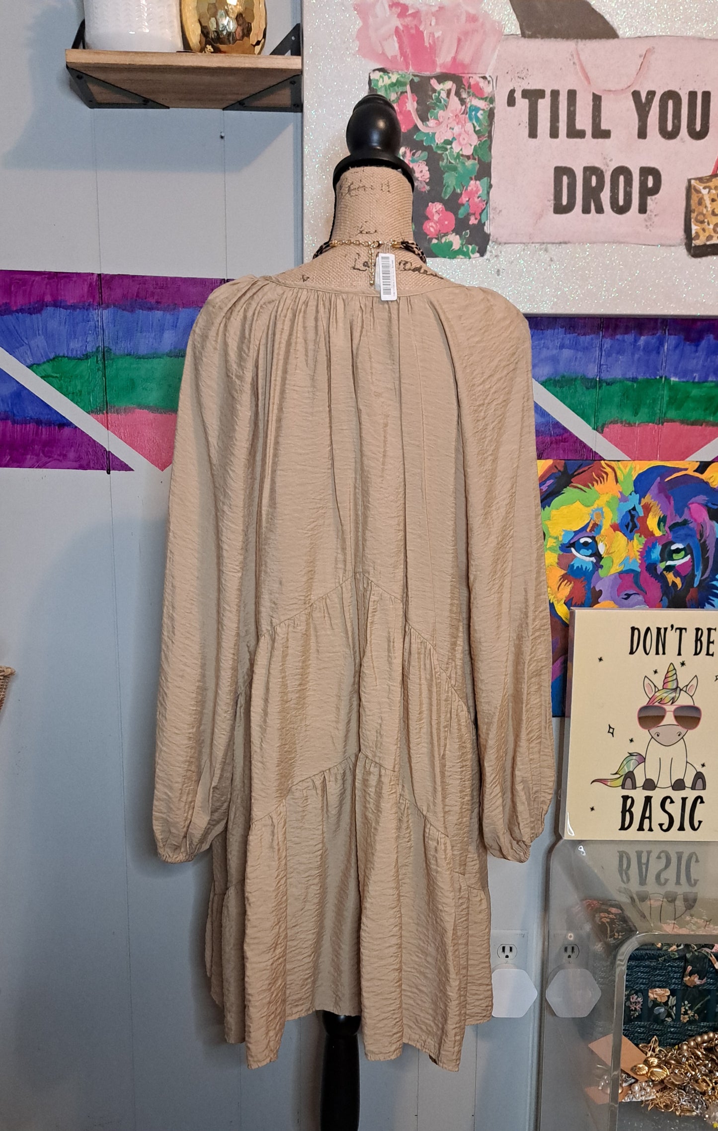 H&M Beige Crinkle Textured Babydoll Dress SZ Large