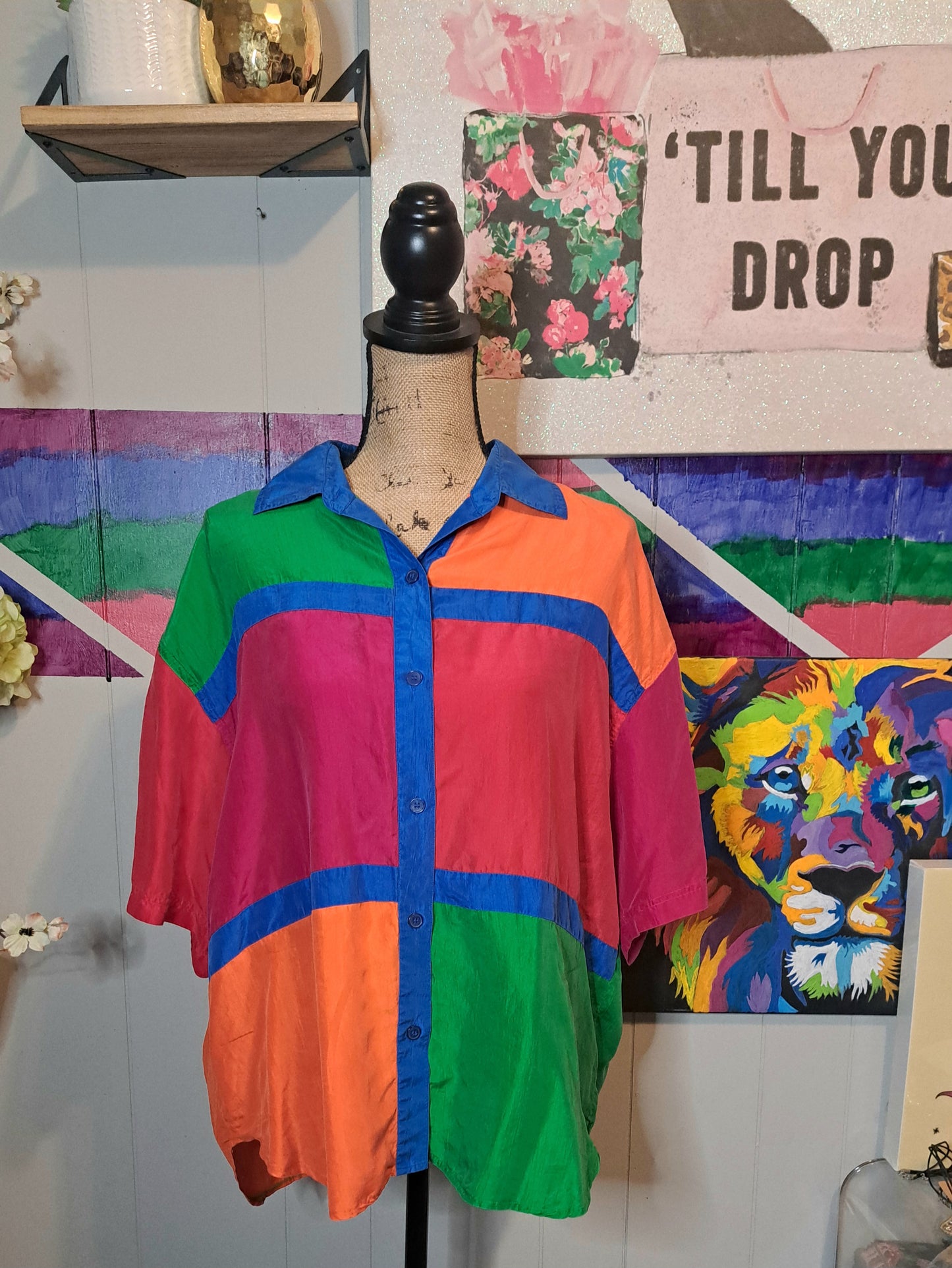 Vtg Blair Boutique 100% Silk Colorblock Button Down Top XL (Ptp 25in)