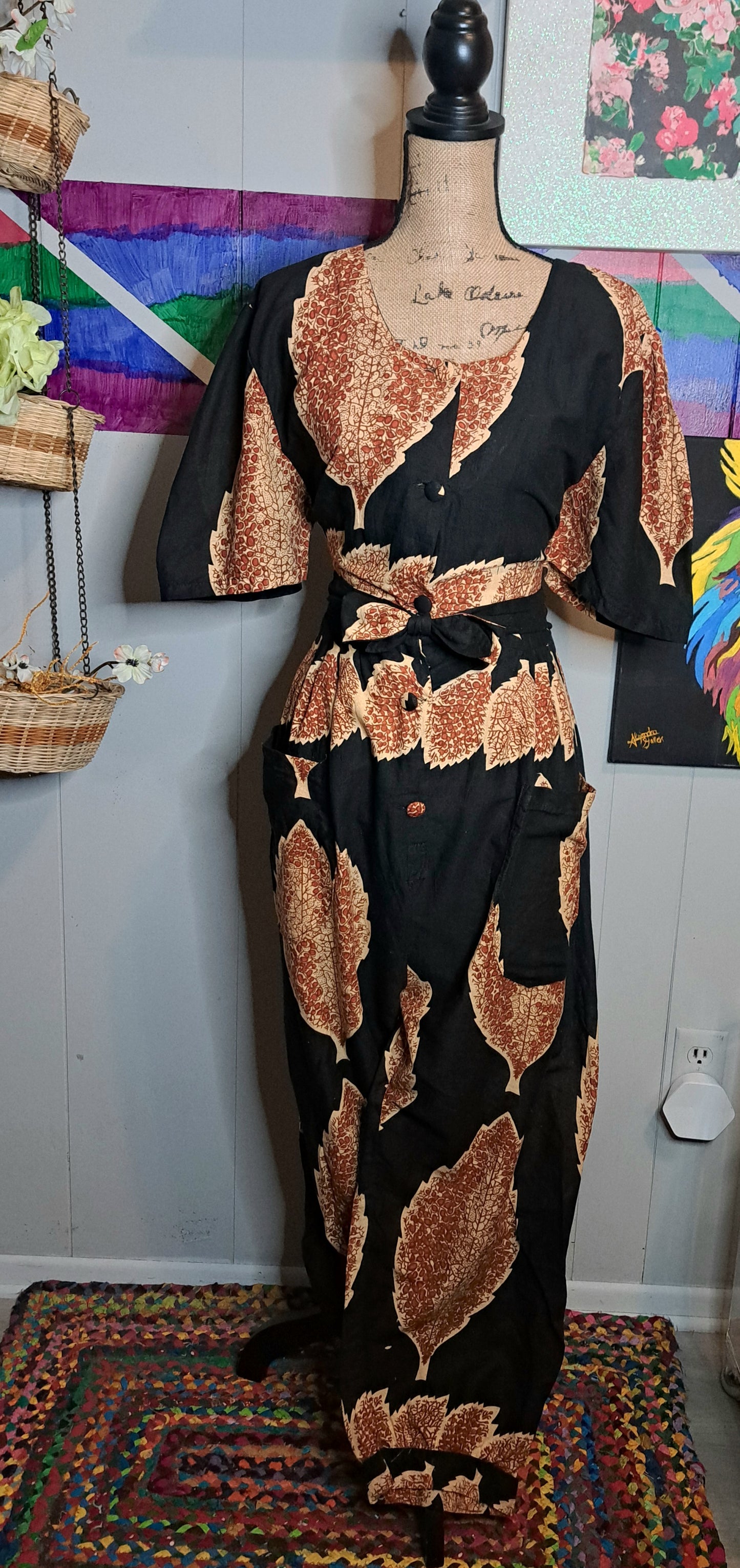 Vtg 100% Cotton Blk/Brown Leaf Print Jumpsuit with Pockets SZ XL (Best fits 12/14)