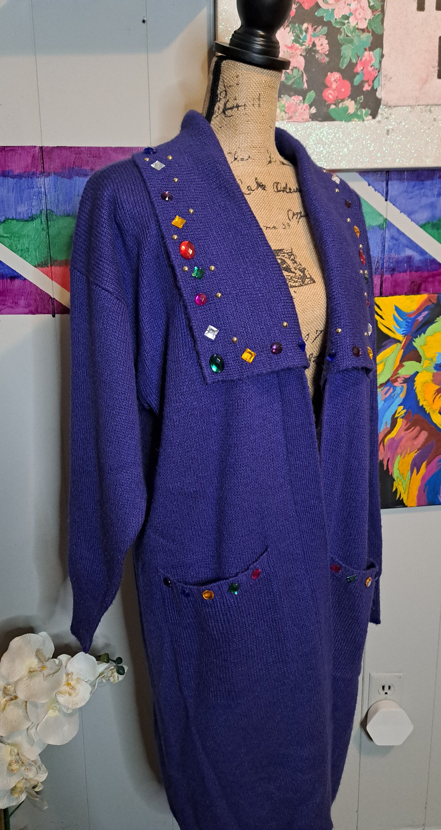 Vtg Purple Multicolored Gemstone Cardigan Duster with Pockets SZ Large