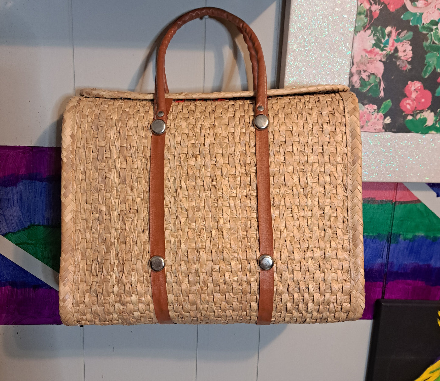 Vtg 70s Handmade Multicolored Straw Wicker Tote Bag with Leather Straps and Metal Latch Closure