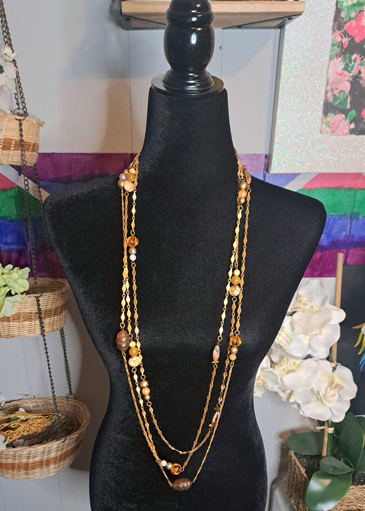 Vtg Signed Florenza Gold Tone Layered Beaded Necklace 40in