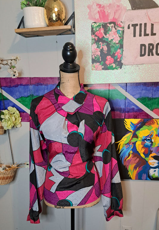 Vtg Ship N Shore Double Collar Multicolored Abstract Print Top SZ 16 (Ptp 24in)