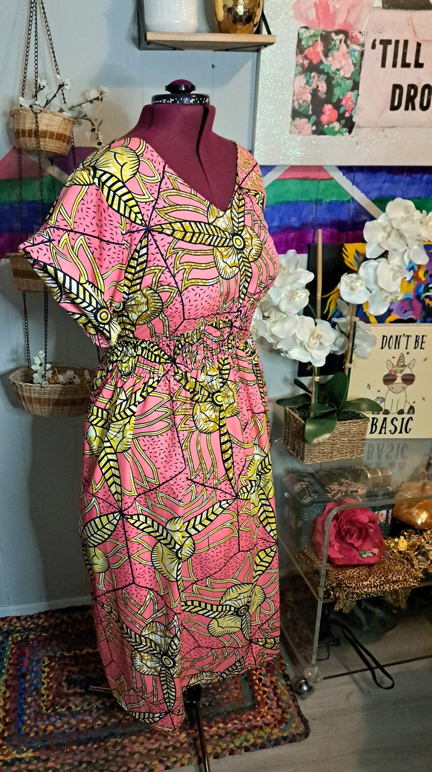 African Print Yellow & Pink Dress with Pockets SZ 3X BEST FITS 18/20)Ptp 25in