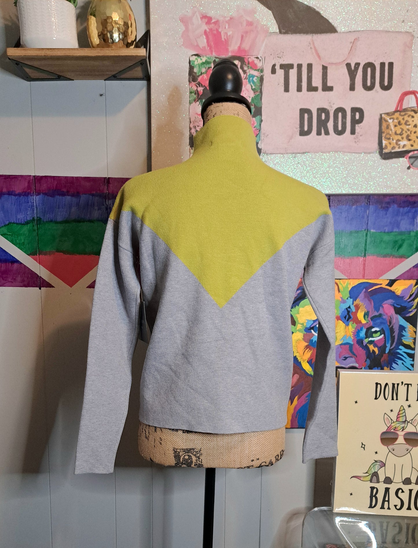 Nwt Cynthia Rowley Chartreuse Green and Grey Turtle Neck Sweater SZ XS (Fits up to a Medium)