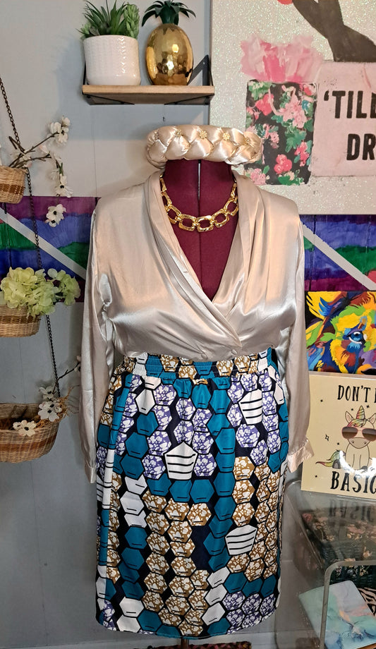 Vtg Impressions Creme Top SZ 16 (True to Size ptp 24in) with Stretchy Rhinestone Headband Bundle & Nwot African Print Skirt SZ XL with Stretch (Sold Separately)