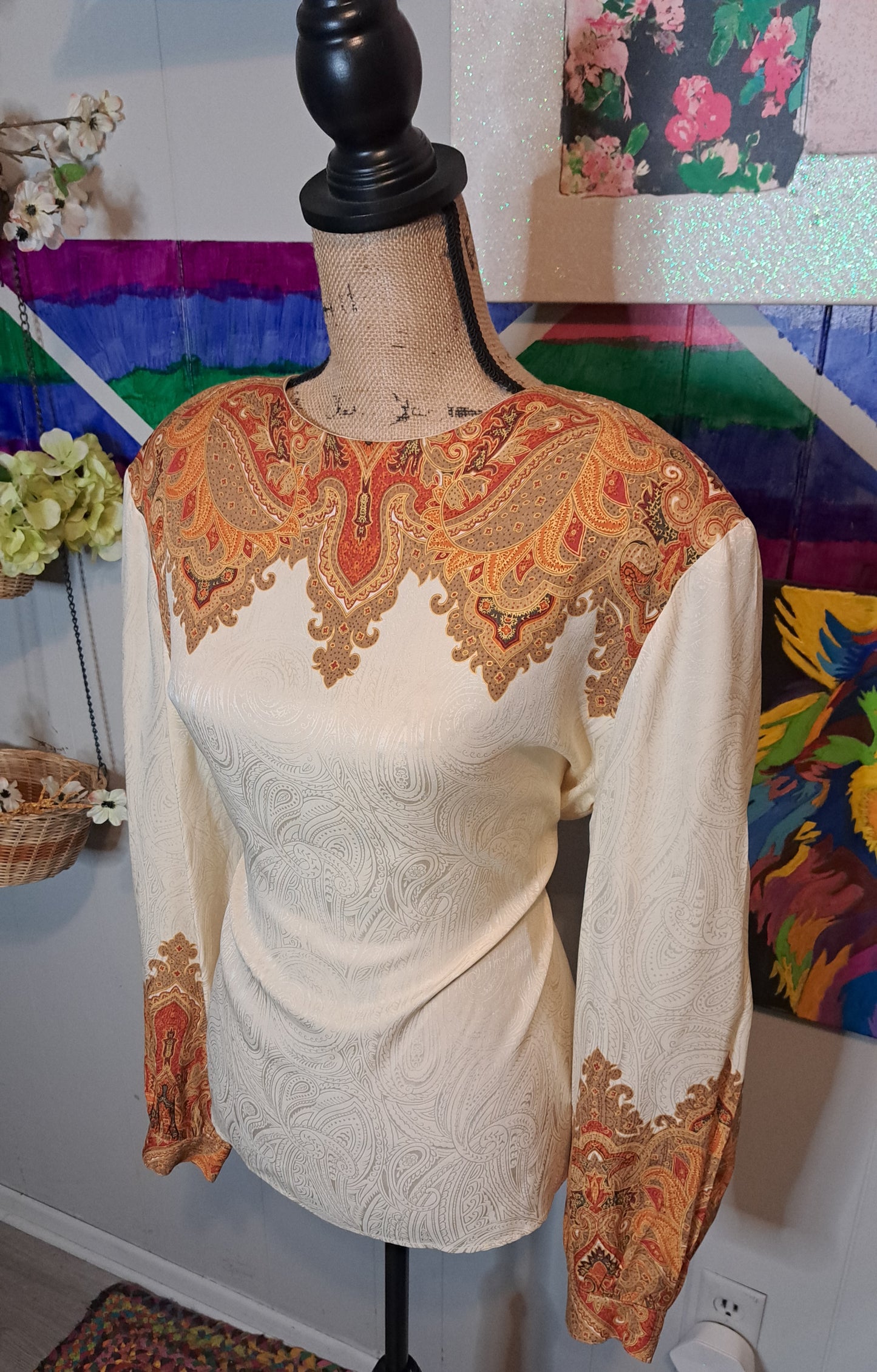 Vtg Embossed Paisley Print Org/Creme Top SZ 16 (Ptp 24in)