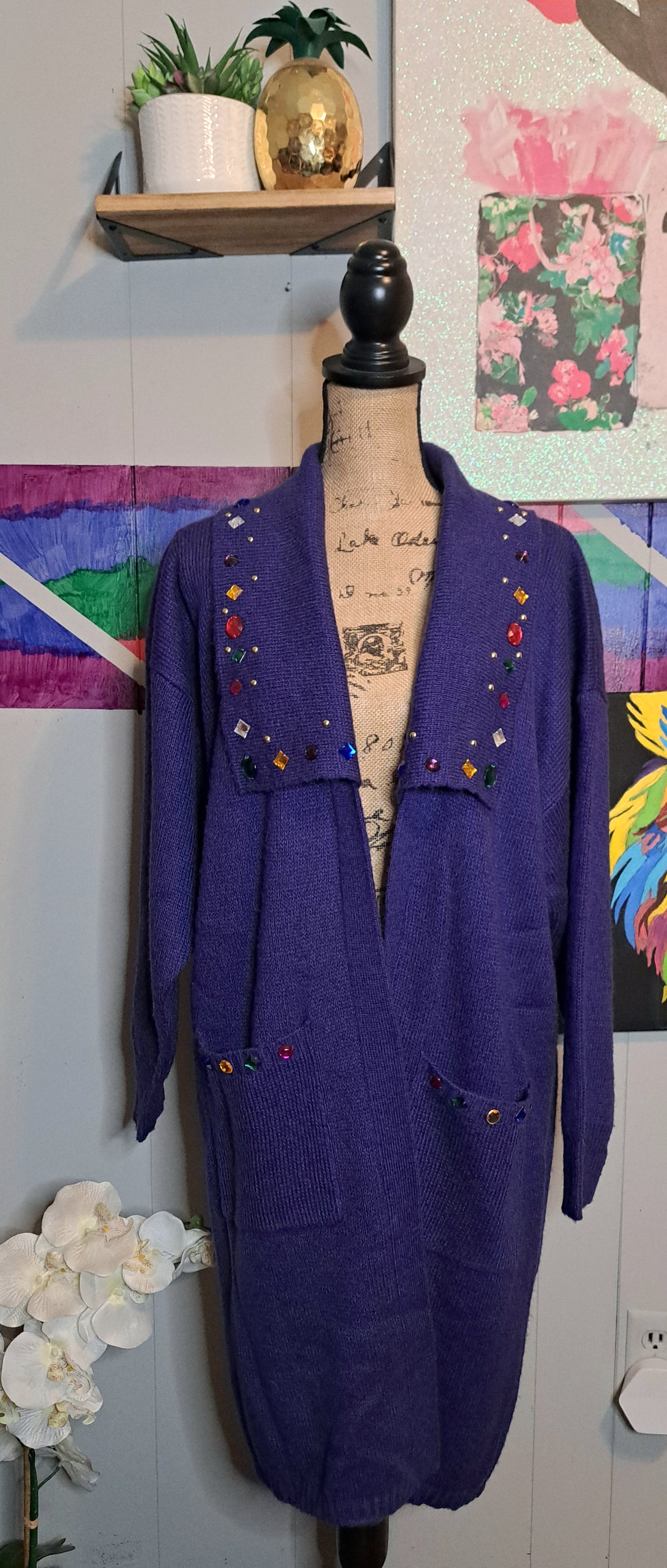 Vtg Purple Multicolored Gemstone Cardigan Duster with Pockets SZ Large