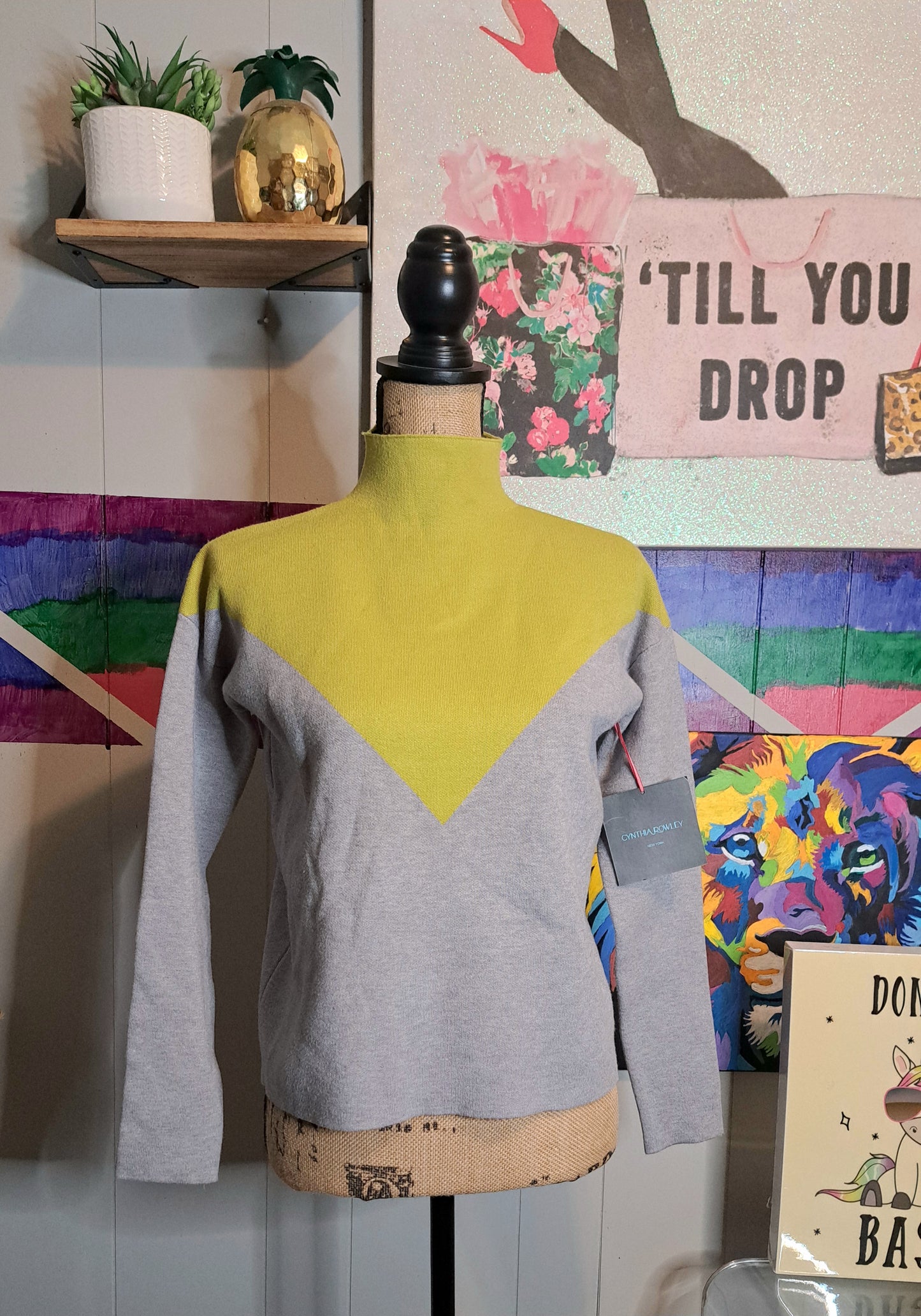 Nwt Cynthia Rowley Chartreuse Green and Grey Turtle Neck Sweater SZ XS (Fits up to a Medium)