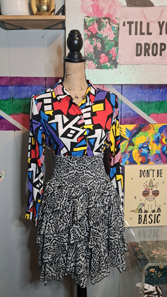 Nwot Big Dart Multicolored Button Down Top SZ 8 OR Blk/Wht Stretchy Layered Skirt SZ Small (Fits up to a Large) ***SOLD SEPARATELY***