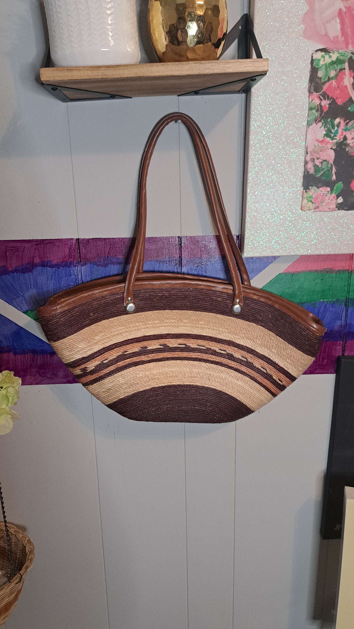 Vtg Handmade Straw Tote Bag with Leather Straps Zipper Closure