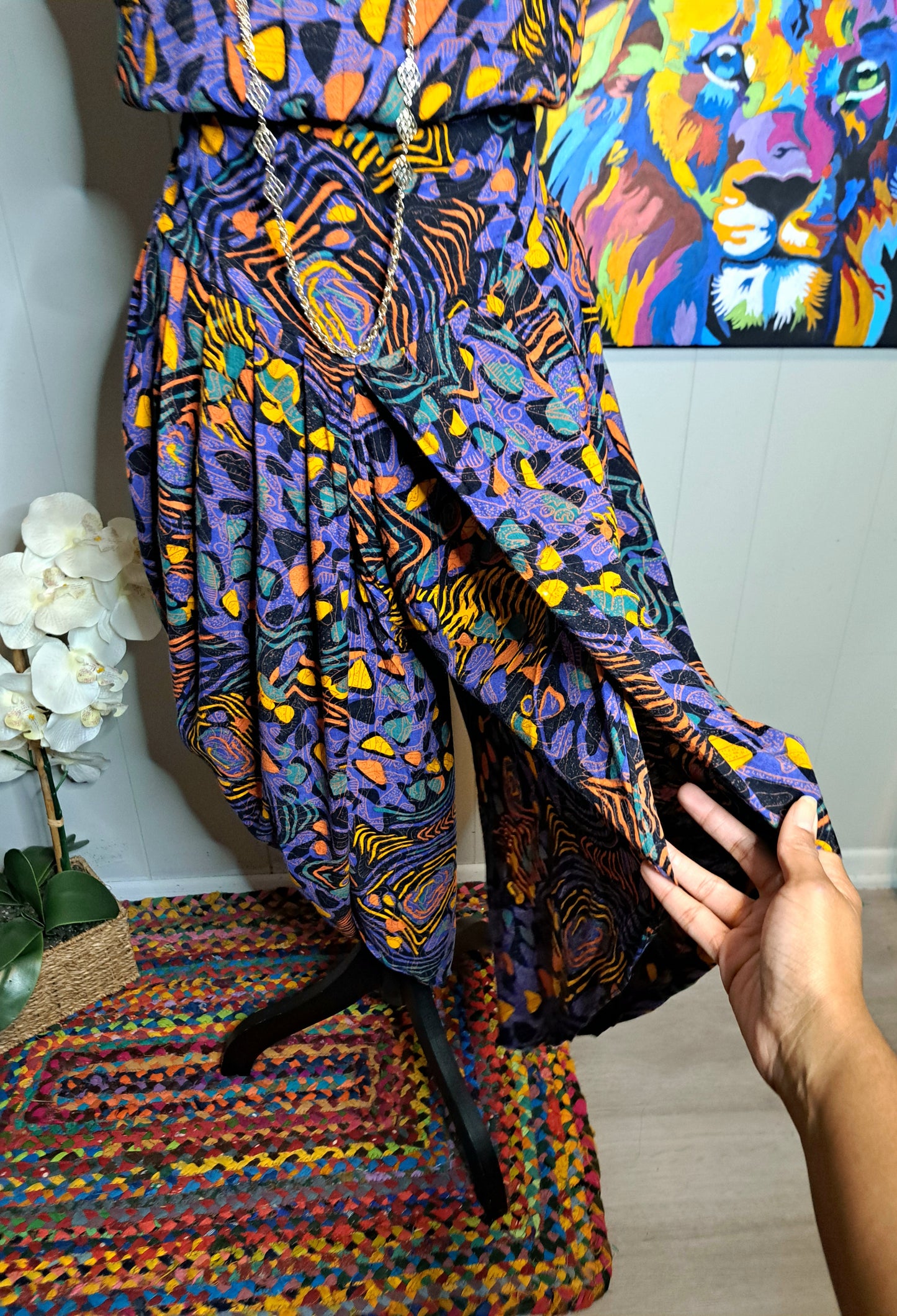 Vtg Multicolored Art Deco Jumpsuit with Harem Style Open Faux Wrap Leg Opening SZ 9 (Best Fits 8/10) See Measurements Below