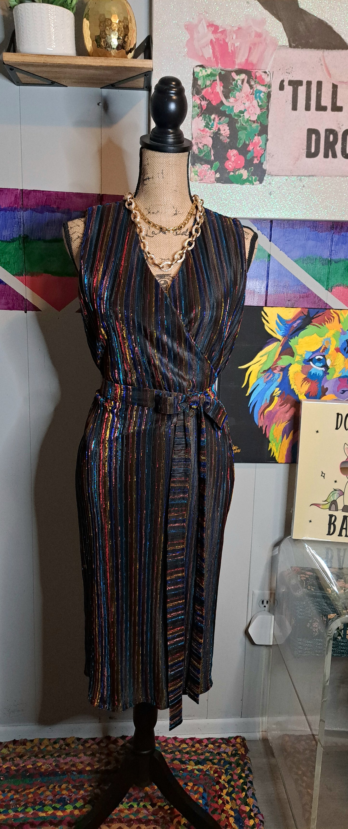 Nwot Rachel Roy New York Multicolored Metallic Adjustable Wrap Dress SZ Medium